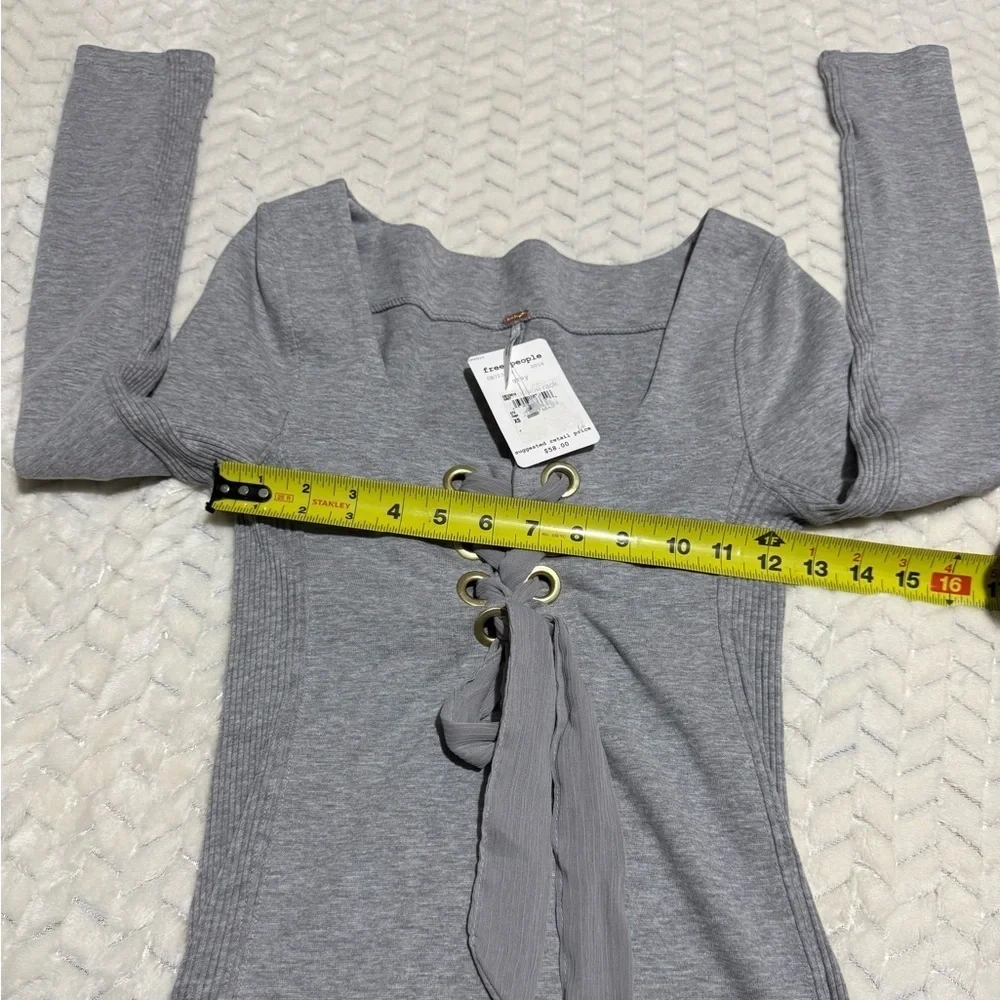 Free People Light Gray Lace-Up Long Sleeve Top